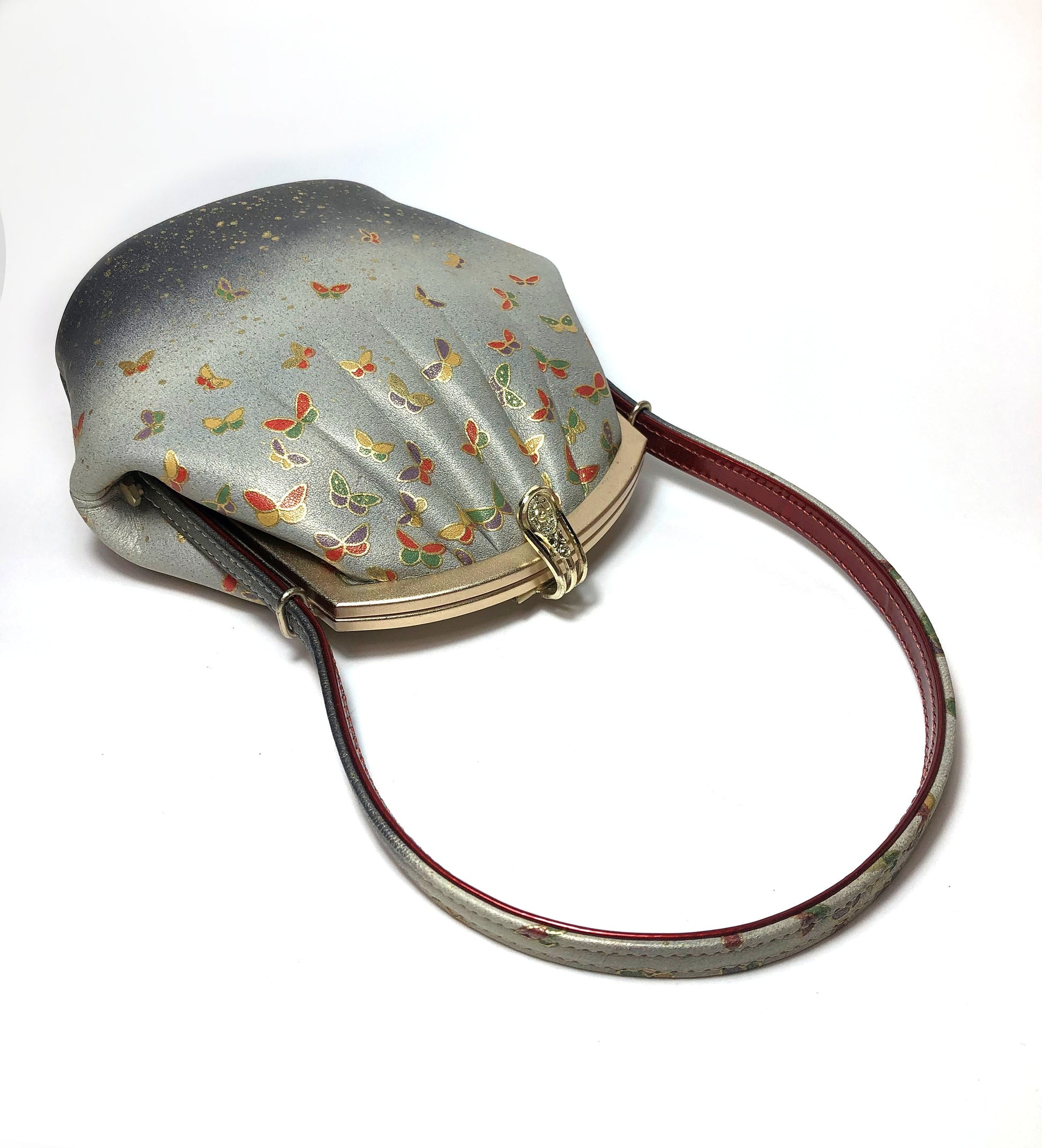 Vintage kimono handbag - gray with colorful butterflies