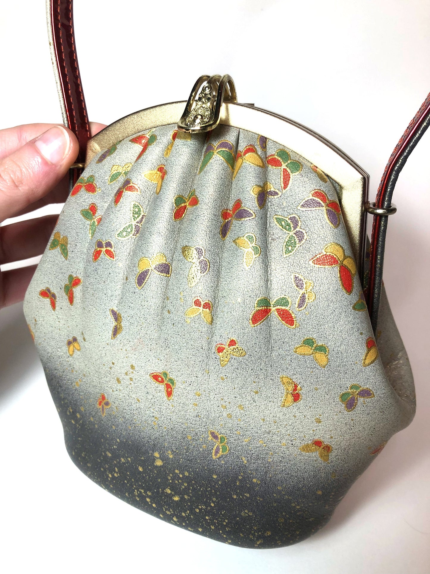Vintage kimono handbag - gray with colorful butterflies