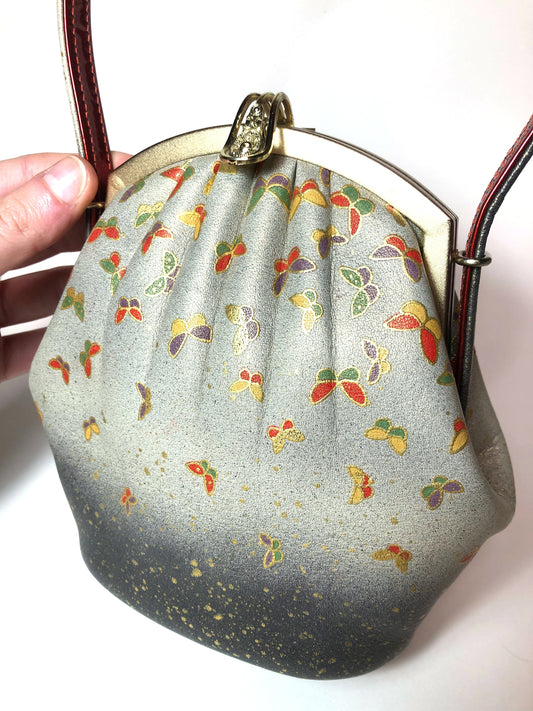 Vintage kimono handbag - gray with colorful butterflies