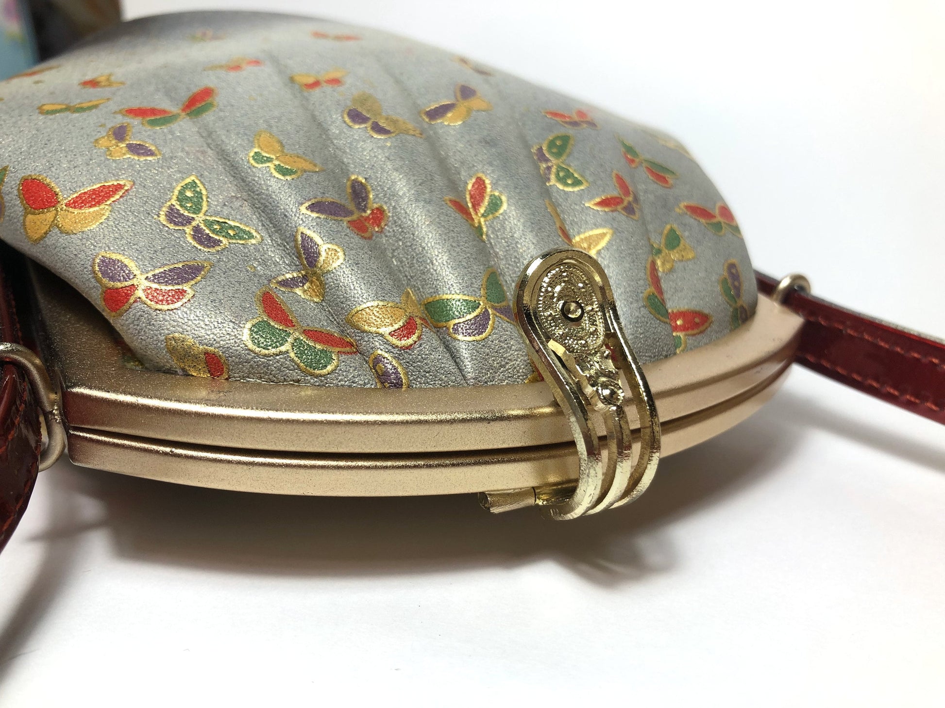 Vintage kimono handbag - gray with colorful butterflies