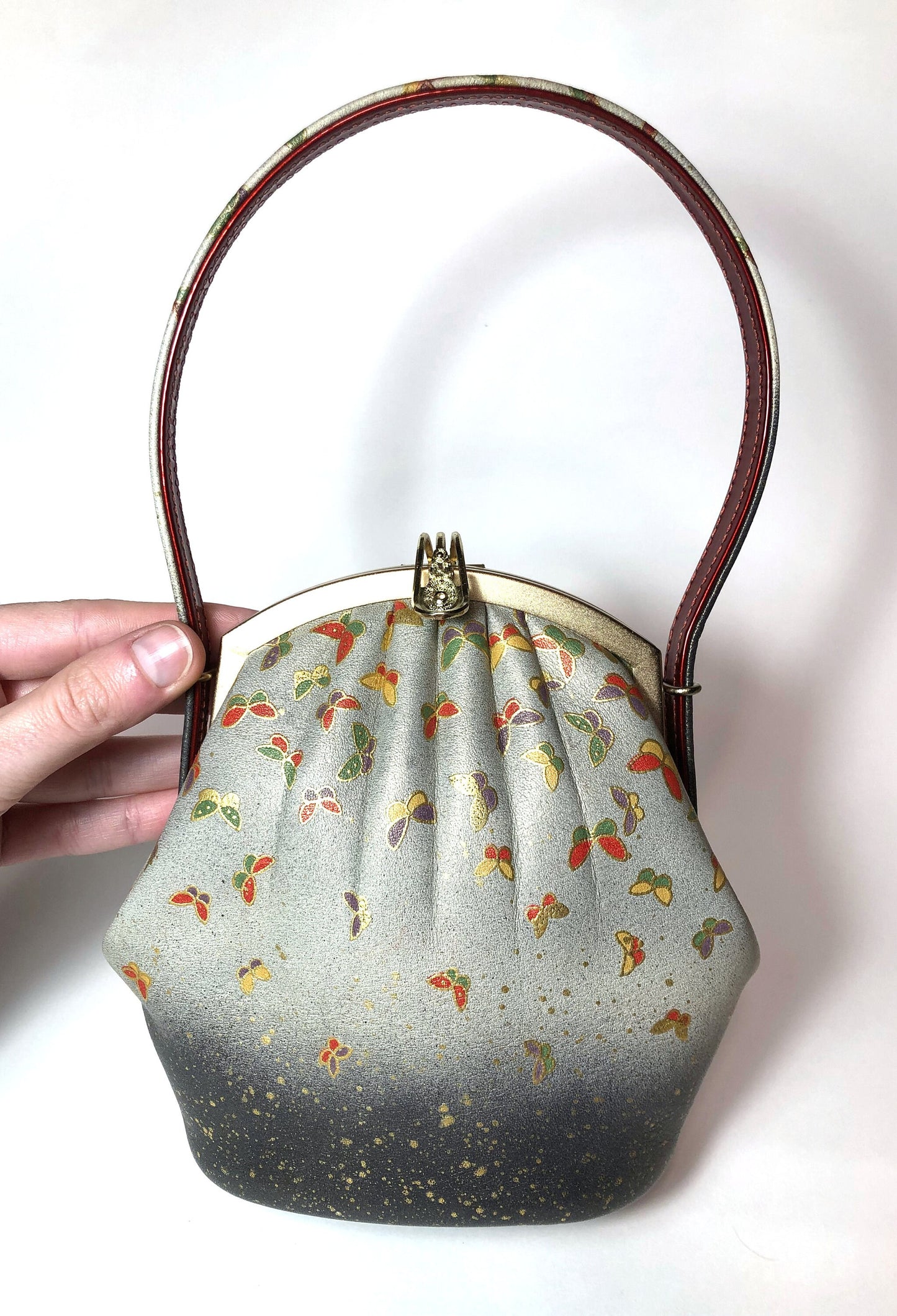 Vintage kimono handbag - gray with colorful butterflies