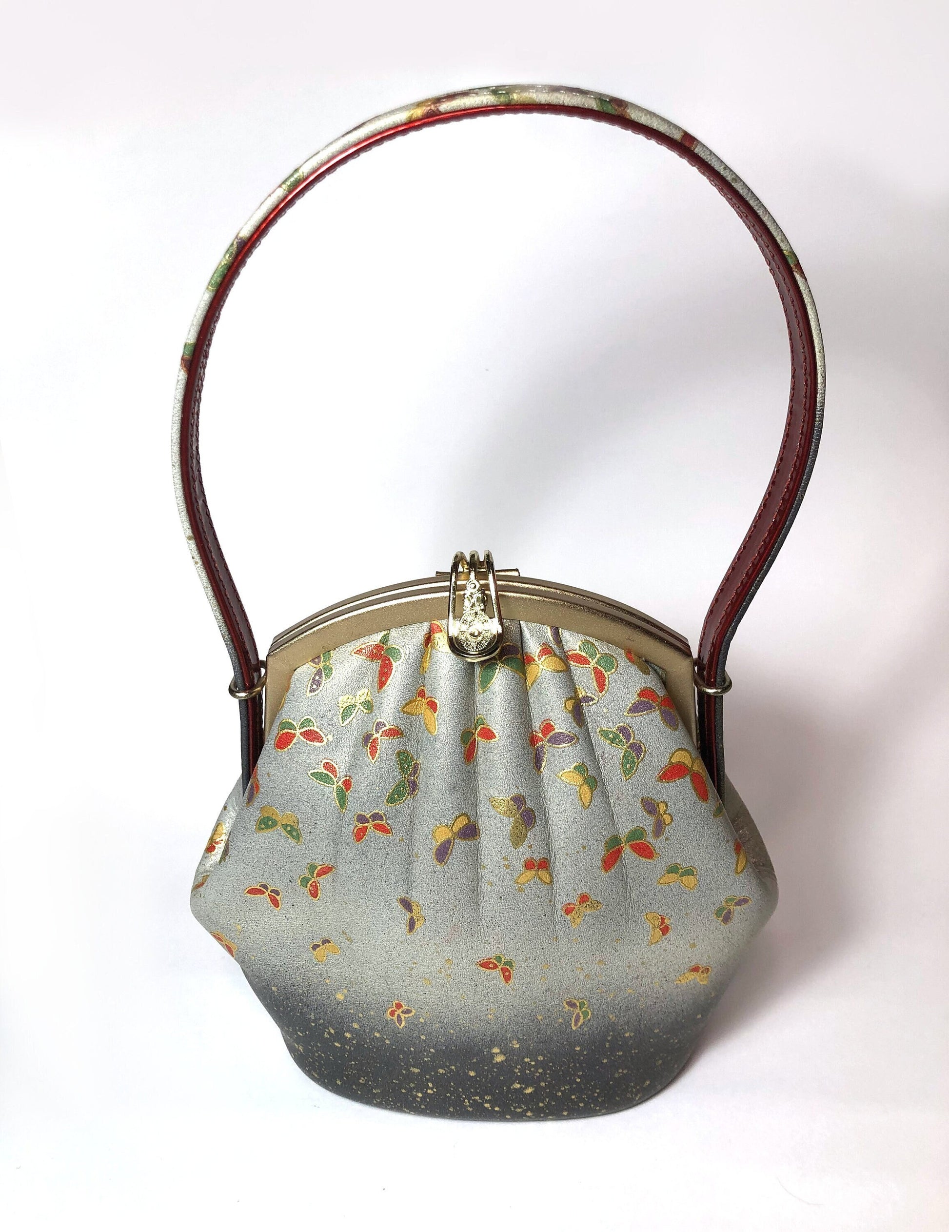Vintage kimono handbag - gray with colorful butterflies