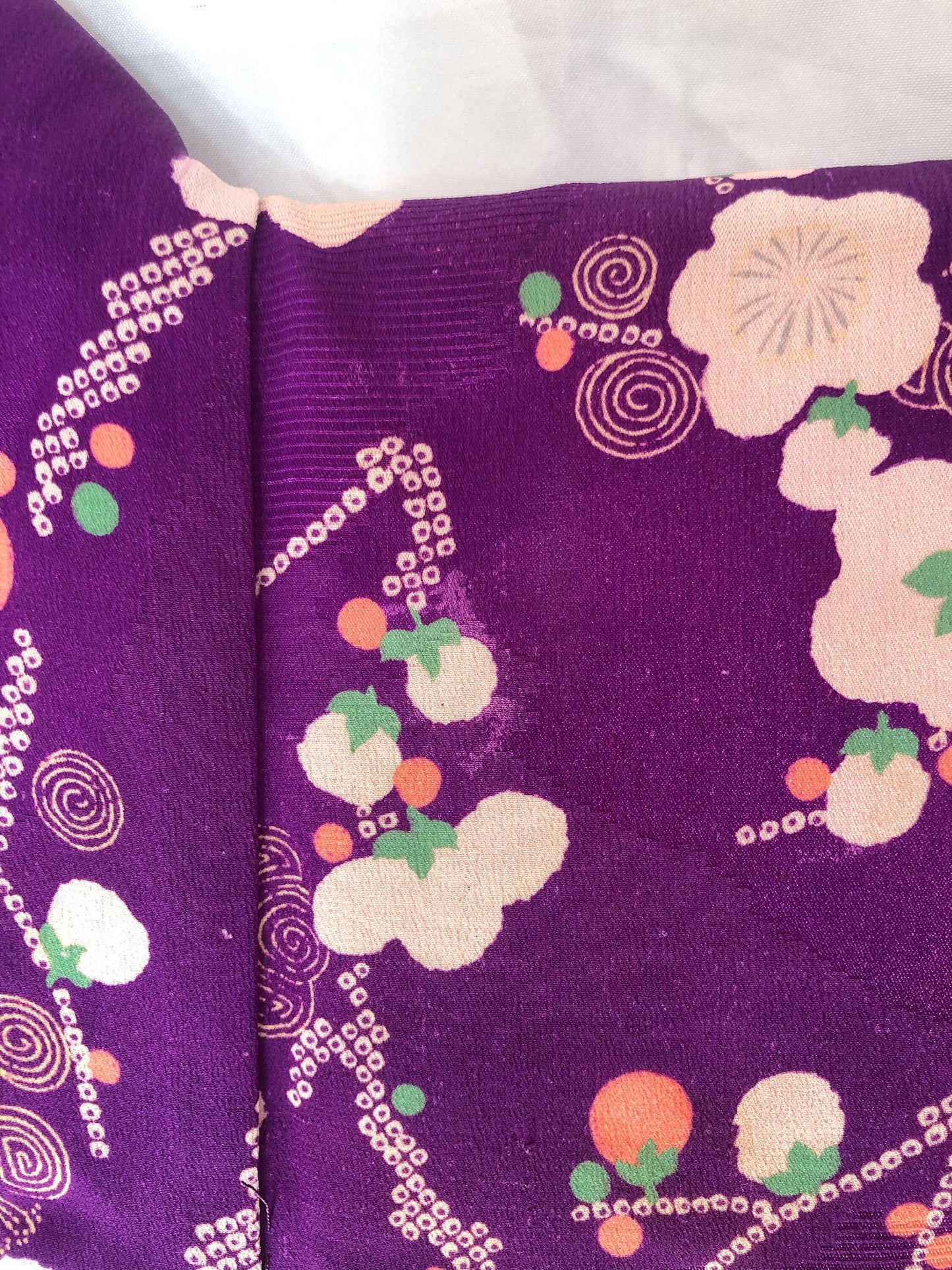 Vintage kimono Taisho Roman style - bright purple with plum tree branches in white and salmon pink