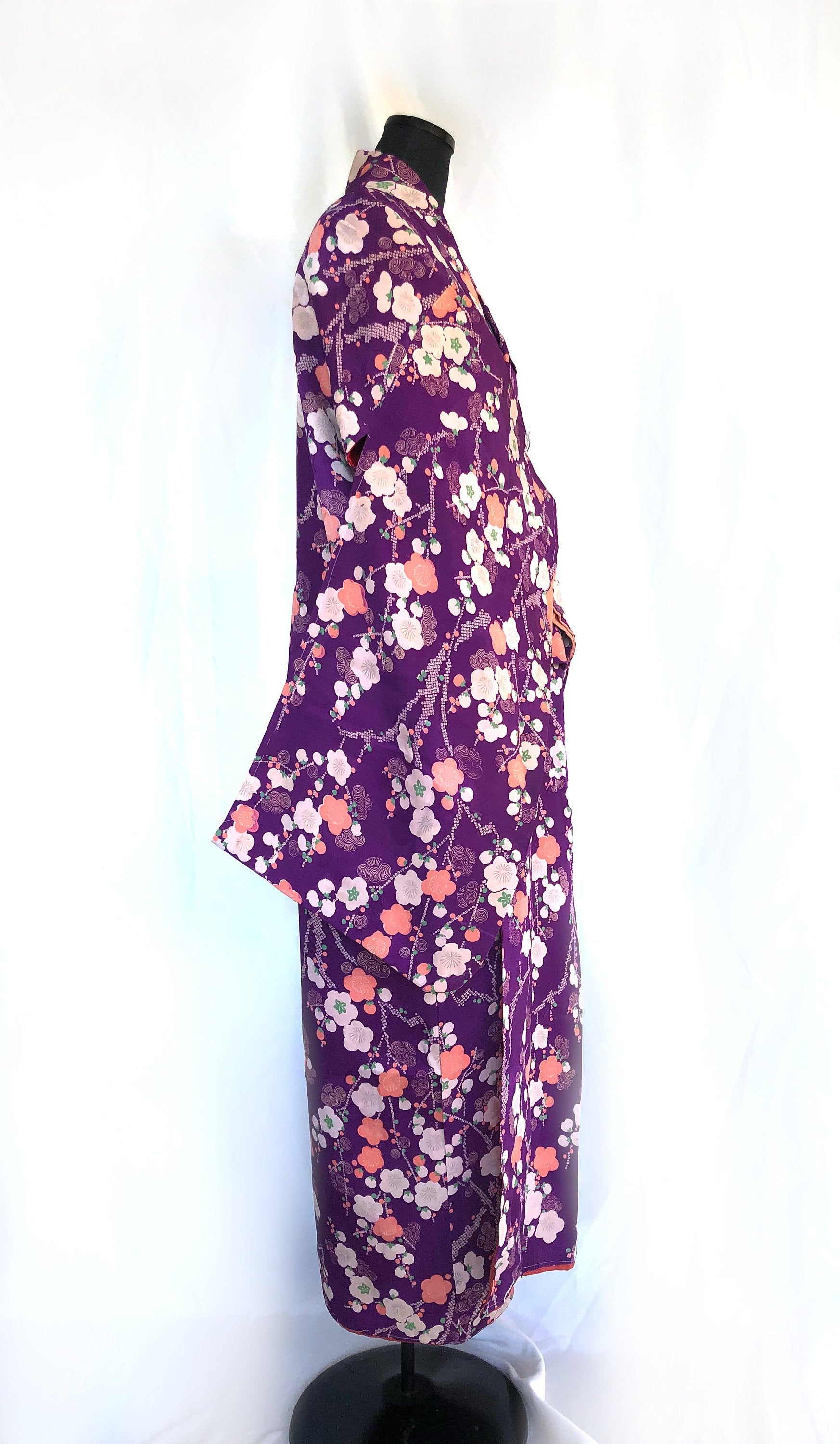 Vintage kimono Taisho Roman style - bright purple with plum tree branches in white and salmon pink