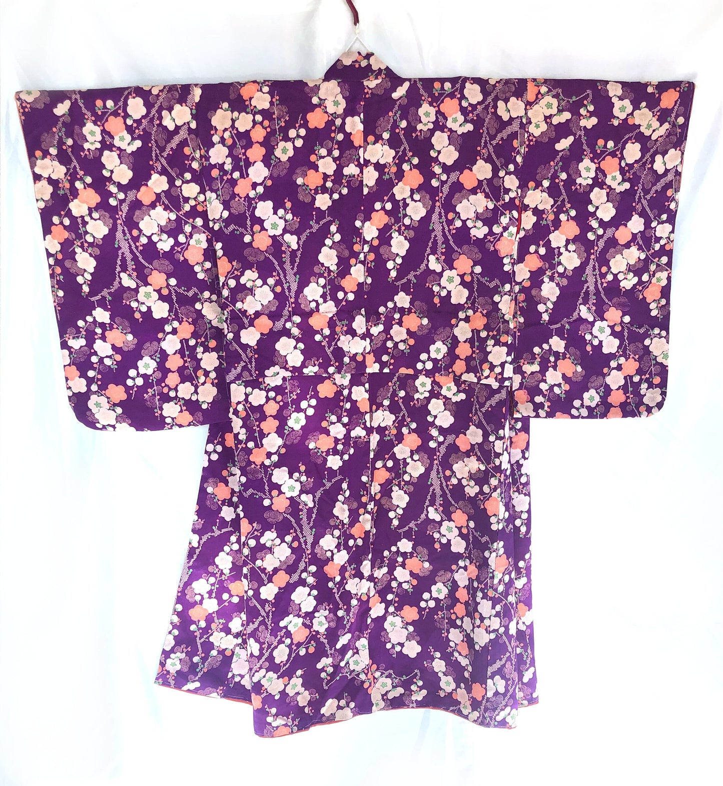 Vintage kimono Taisho Roman style - bright purple with plum tree branches in white and salmon pink