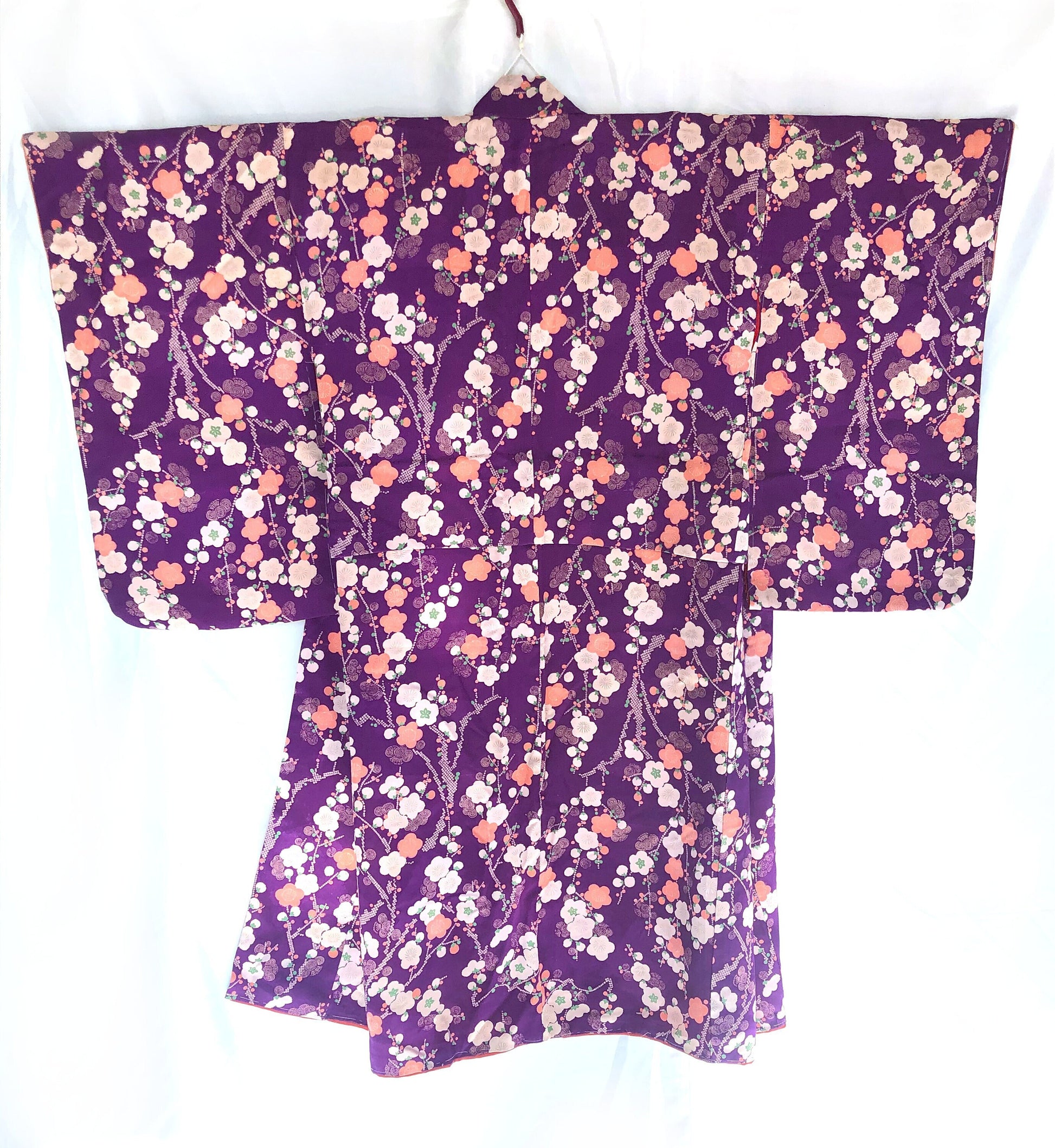 Vintage kimono Taisho Roman style - bright purple with plum tree branches in white and salmon pink