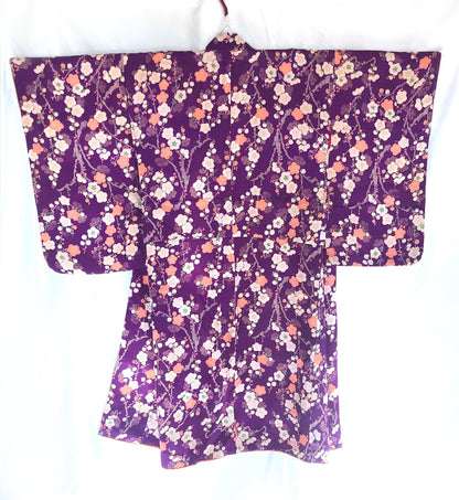 Vintage kimono Taisho Roman style - bright purple with plum tree branches in white and salmon pink
