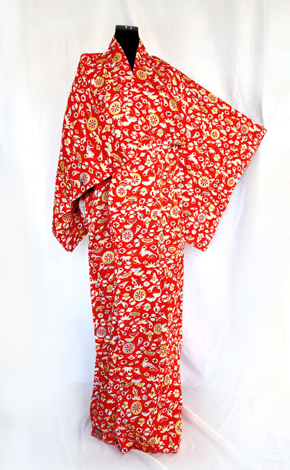 Vintage kimono - orange red with colorful lucky charms pattern