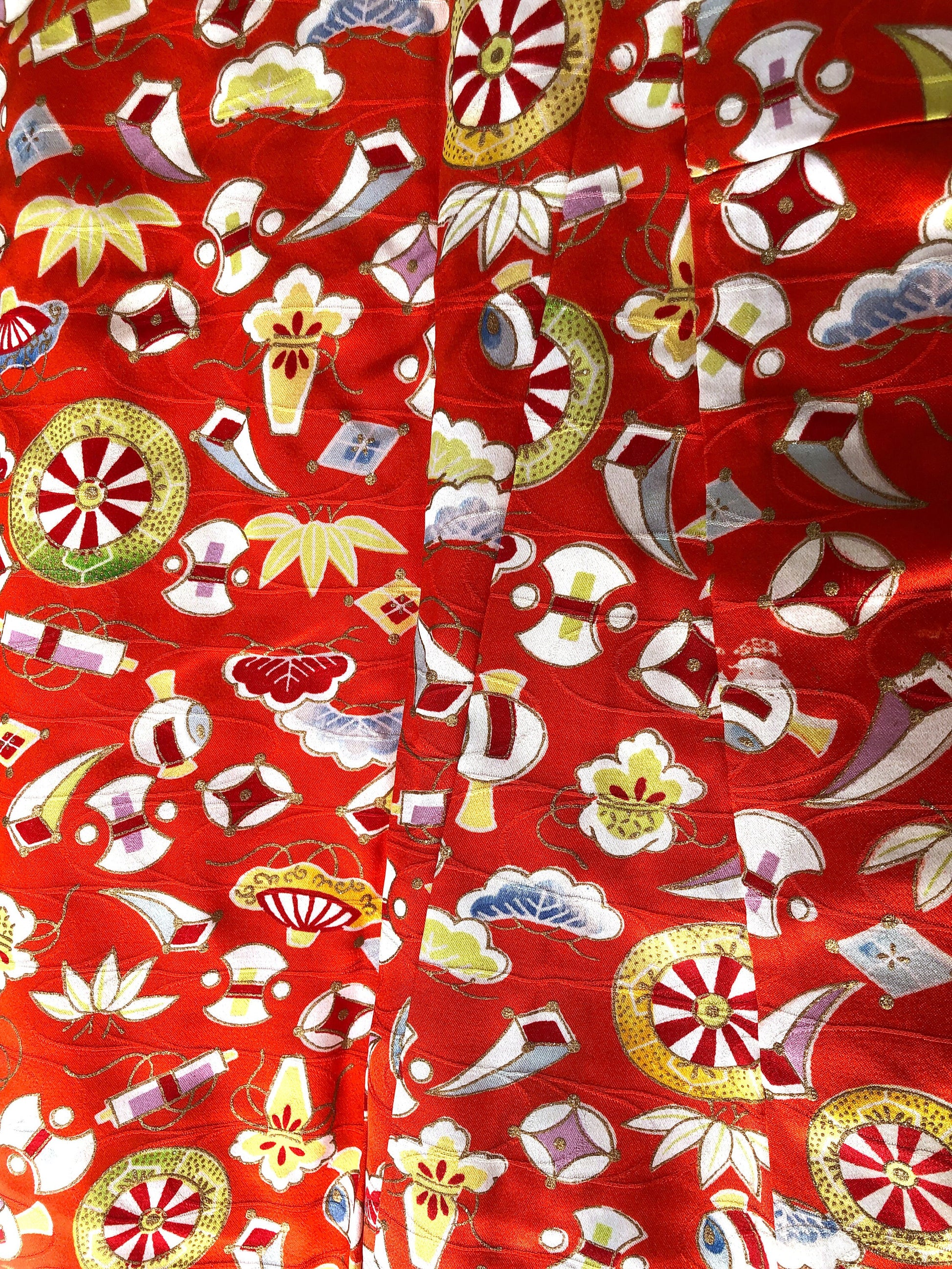 Vintage kimono - orange red with colorful lucky charms pattern