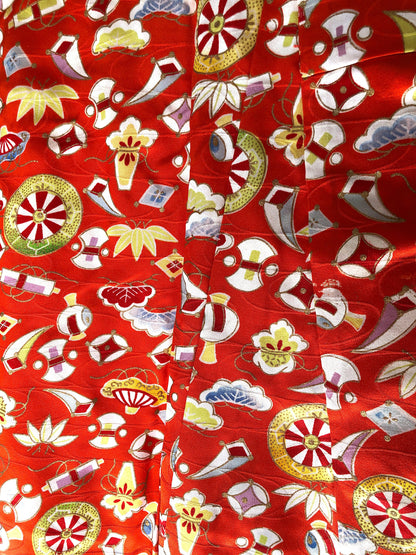 Vintage kimono - orange red with colorful lucky charms pattern