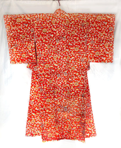 Vintage kimono - orange red with colorful lucky charms pattern