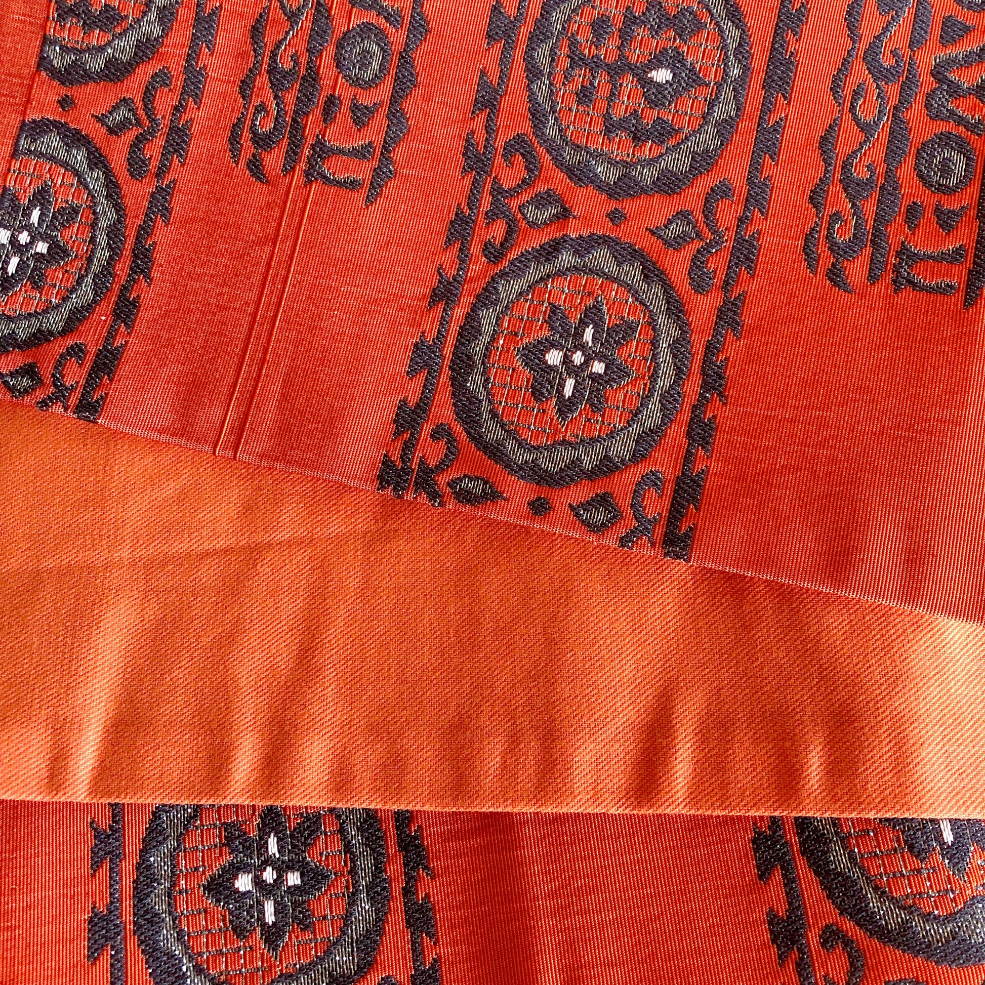 Vintage Japanese hanhaba obi - orange with gray and silver geometric decoration