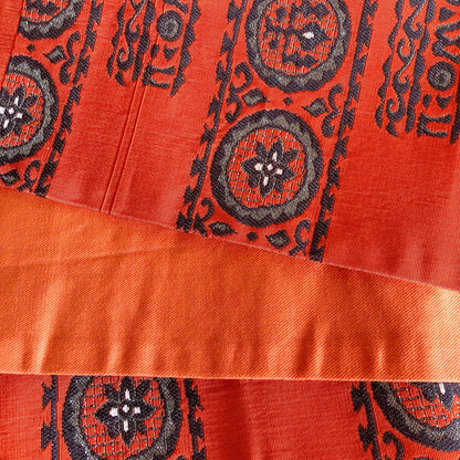 Vintage Japanese hanhaba obi - orange with gray and silver geometric decoration