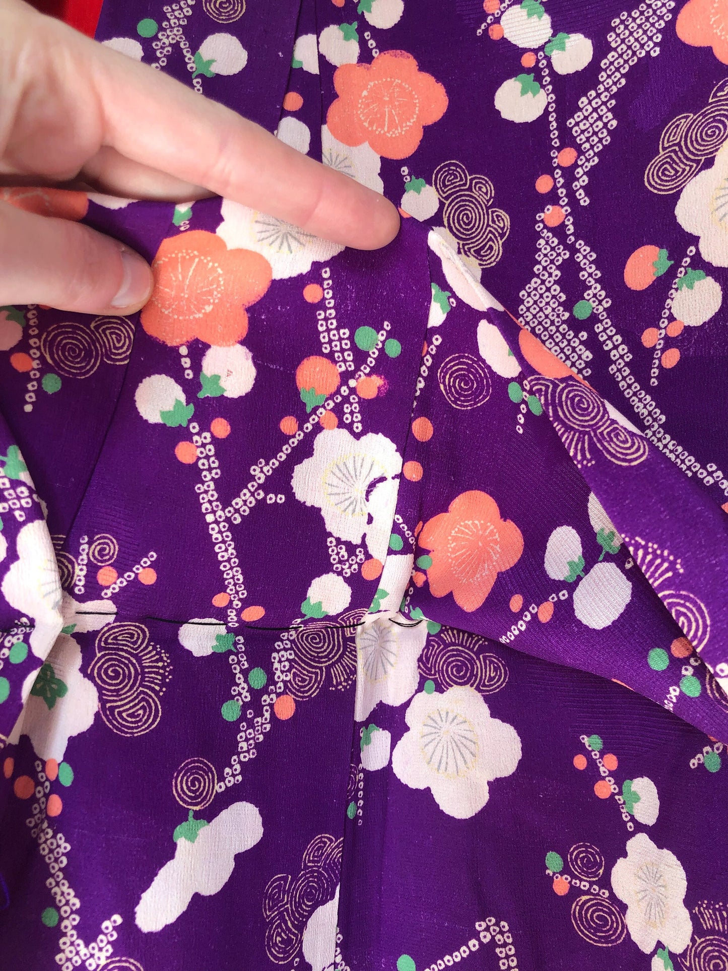 Vintage kimono Taisho Roman style - bright purple with plum tree branches in white and salmon pink