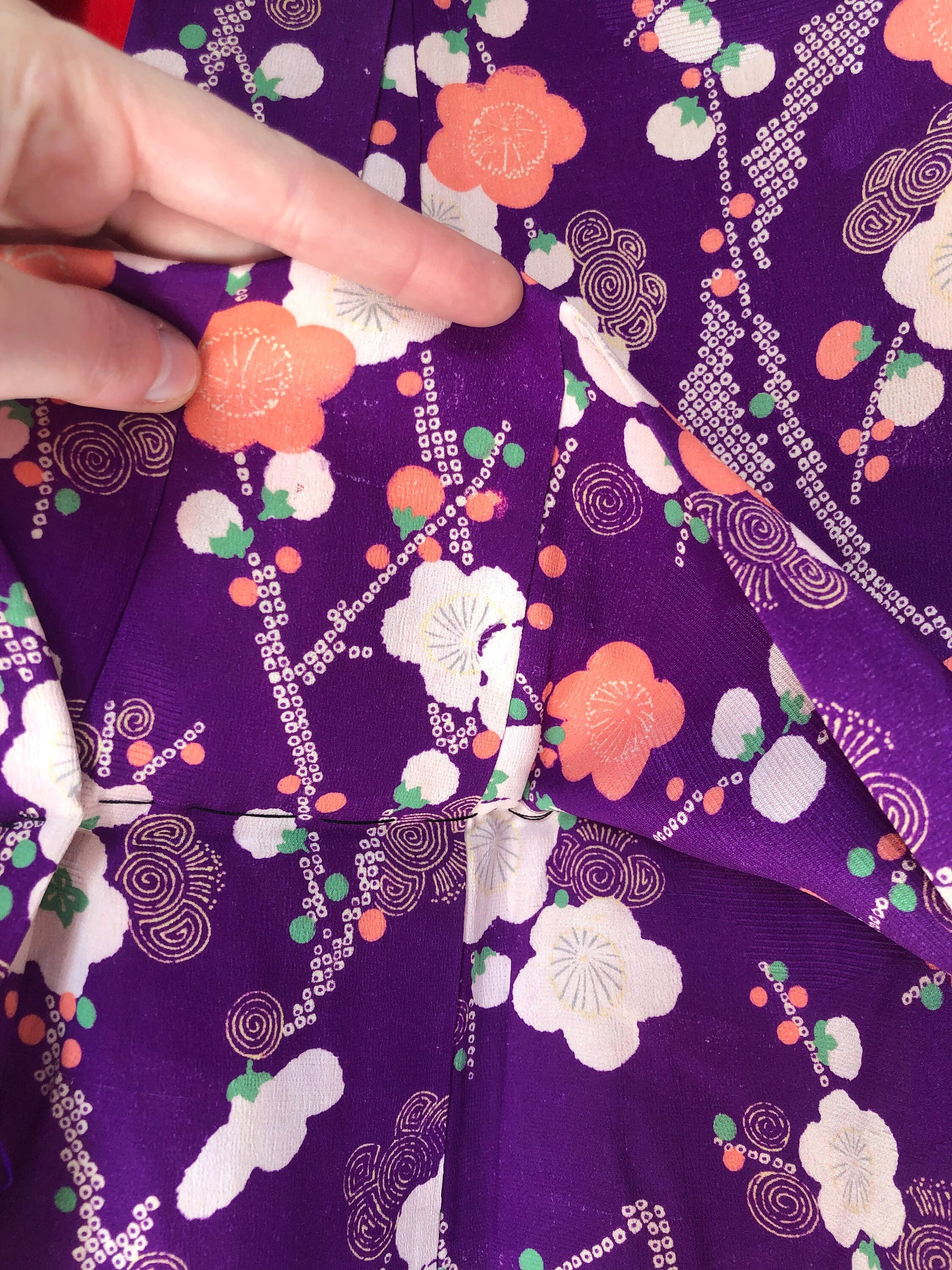Vintage kimono Taisho Roman style - bright purple with plum tree branches in white and salmon pink