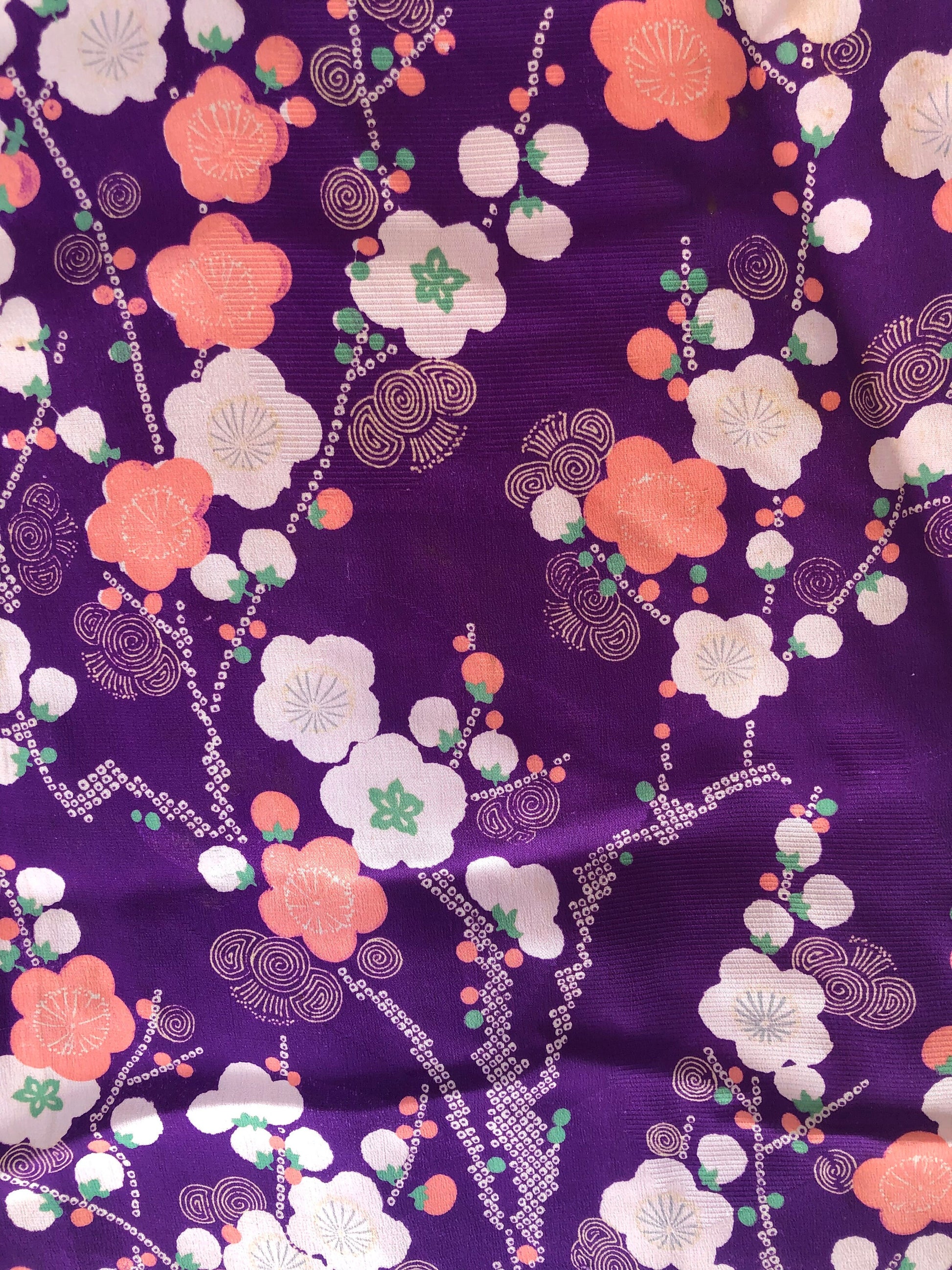 Vintage kimono Taisho Roman style - bright purple with plum tree branches in white and salmon pink
