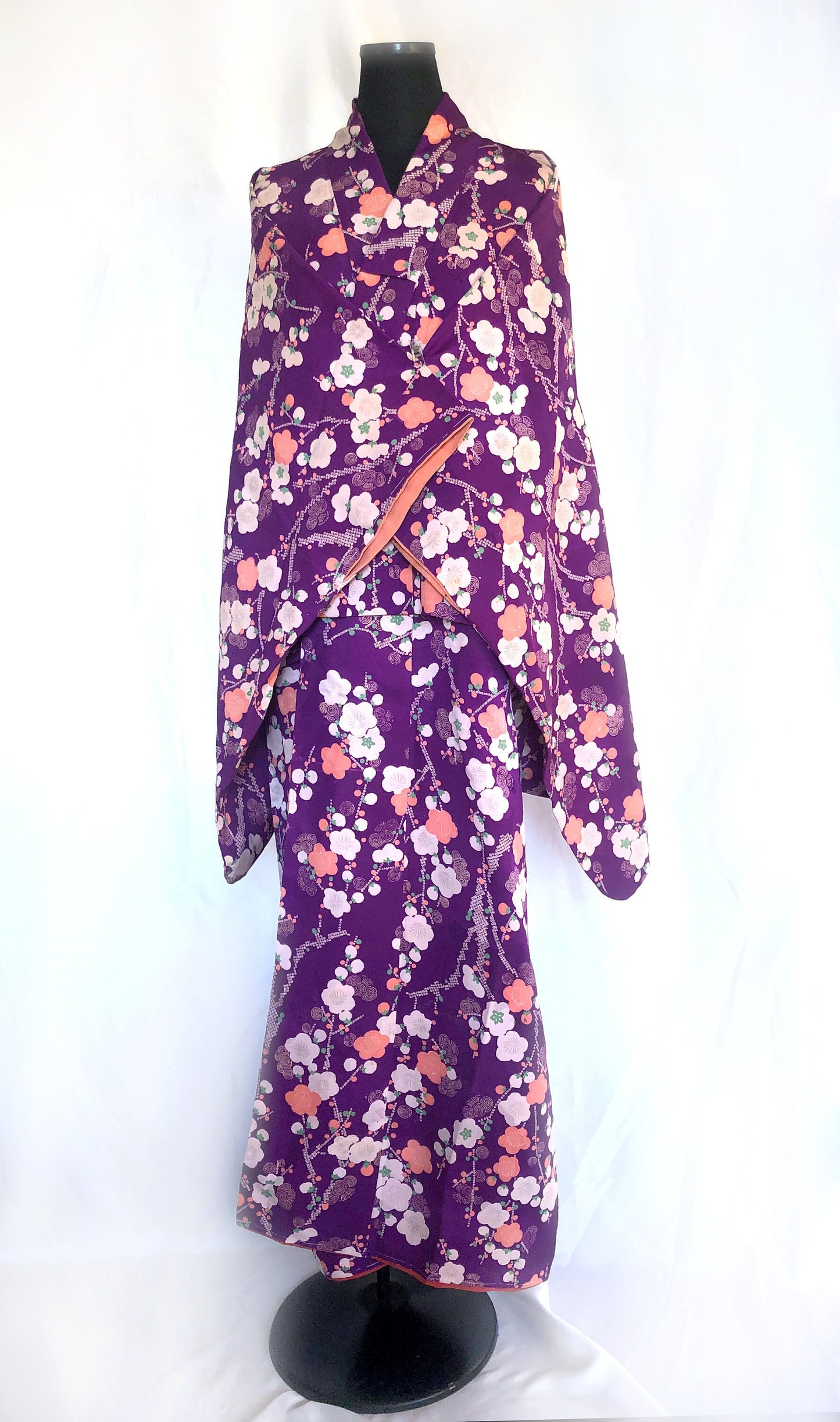 Vintage kimono Taisho Roman style - bright purple with plum tree branches in white and salmon pink