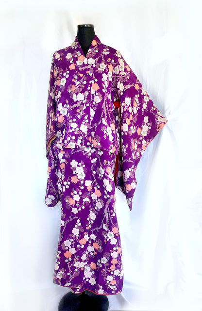 Vintage kimono Taisho Roman style - bright purple with plum tree branches in white and salmon pink