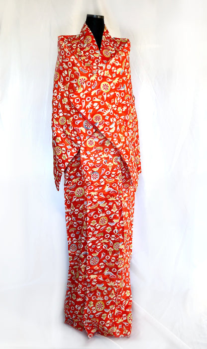 Vintage kimono - orange red with colorful lucky charms pattern