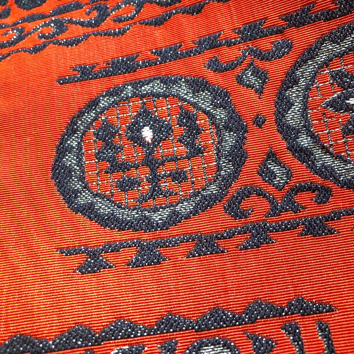 Vintage Japanese hanhaba obi - orange with gray and silver geometric decoration