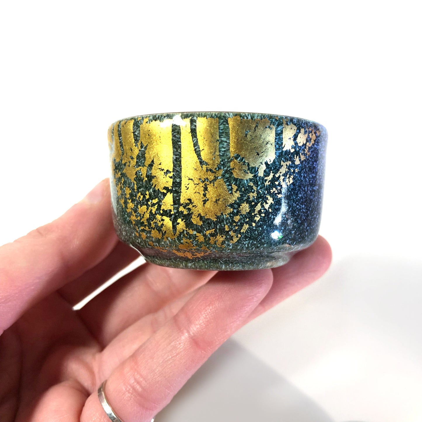 Japanese enameled sake cups - set of 2 - teal and gold cloisonne by Tutanka
