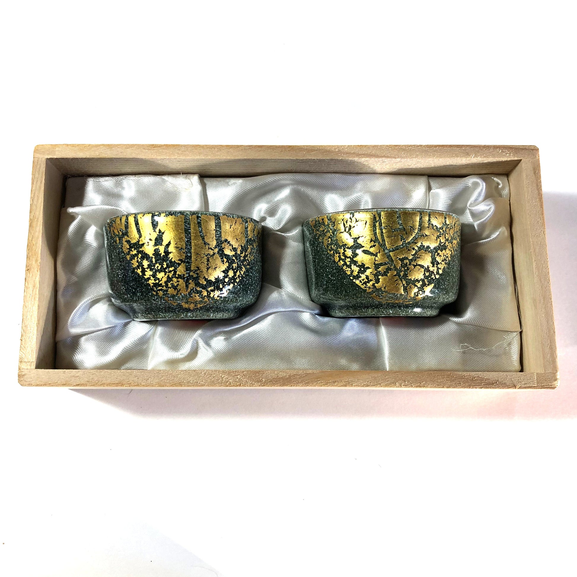 Japanese enameled sake cups - set of 2 - teal and gold cloisonne by Tutanka