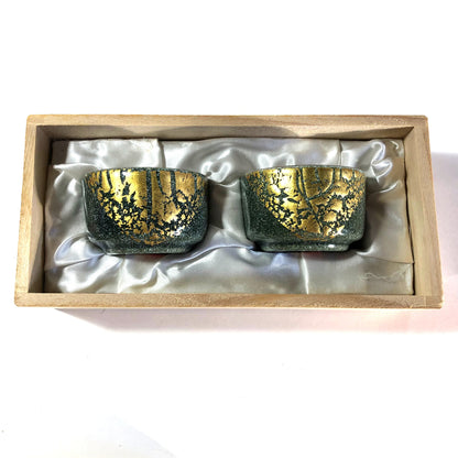 Japanese enameled sake cups - set of 2 - teal and gold cloisonne by Tutanka